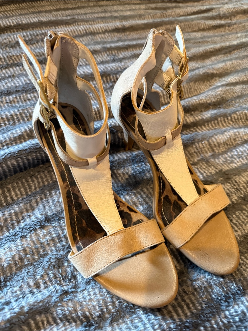 Jessica Simpson Tan and Cream T-Strap Heeled Sandals